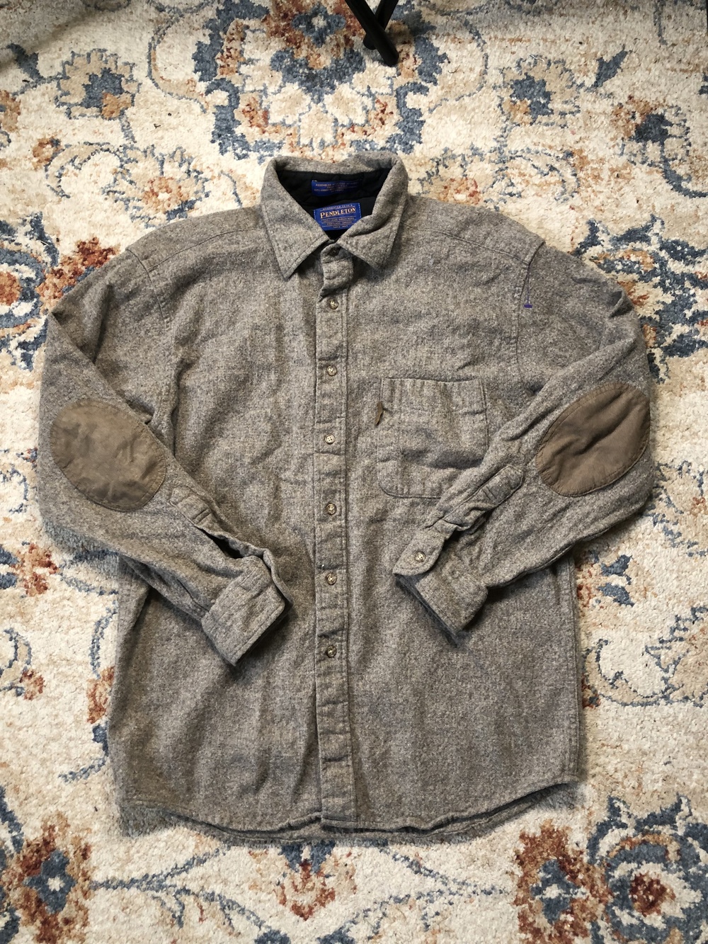Pendleton Shirt Mens Large Gray Wool Elbow Patch Outdoor Workwear Button Up